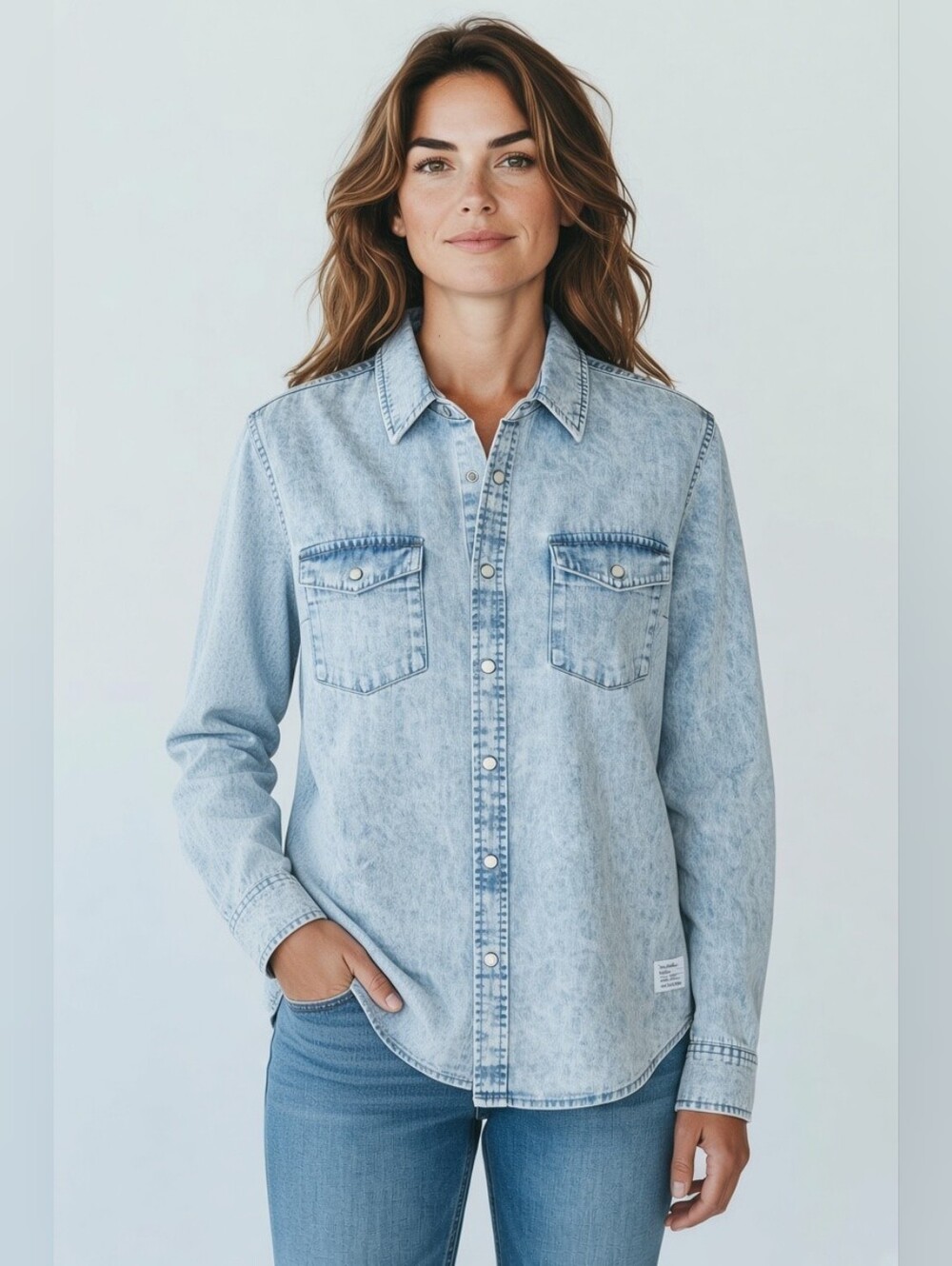 Adam Levine Collection Cotton  Light Wash Denim Button-Down Shirt - Women's